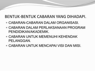 BENTUK-BENTUK CABARAN YANG DIHADAPI.
 CABARAN-CABARAN DALAM ORGANISASI.
 CABARAN DALAM PERLAKSANAAN PROGRAM
  PENDIDIKAN/AKADEMIK.
 CABARAN UNTUK MEMENUHI KEHENDAK
  PELANGGAN.
 CABARAN UNTUK MENCAPAI VISI DAN MISI.
 