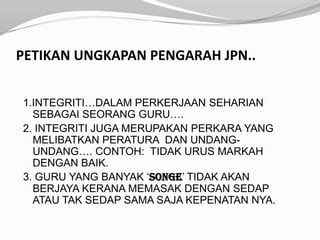 PETIKAN UNGKAPAN PENGARAH JPN..


1.INTEGRITI…DALAM PERKERJAAN SEHARIAN
  SEBAGAI SEORANG GURU….
2. INTEGRITI JUGA MERUPAKAN PERKARA YANG
  MELIBATKAN PERATURA DAN UNDANG-
  UNDANG…. CONTOH: TIDAK URUS MARKAH
  DENGAN BAIK.
3. GURU YANG BANYAK ‘SONGE’ TIDAK AKAN
  BERJAYA KERANA MEMASAK DENGAN SEDAP
  ATAU TAK SEDAP SAMA SAJA KEPENATAN NYA.
 