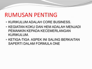 RUMUSAN PENTING
 KURIKULUM ADALAH CORE BUSINESS.
 KEGIATAN KOKU DAN HEM ADALAH MENJADI
  PEMANKIN KEPADA KECEMERLANGAN
  KURIKULUM.
 KETIGA-TIGA ASPEK INI SALING BERKAITAN
  SAPERTI DALAM FORMULA ONE
 