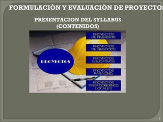 FORMULACIÒN Y EVALUACIÒN DE PROYECTOS
     PRESENTACION DEL SYLLABUS
           (CONTENIDOS)




                                   1
 