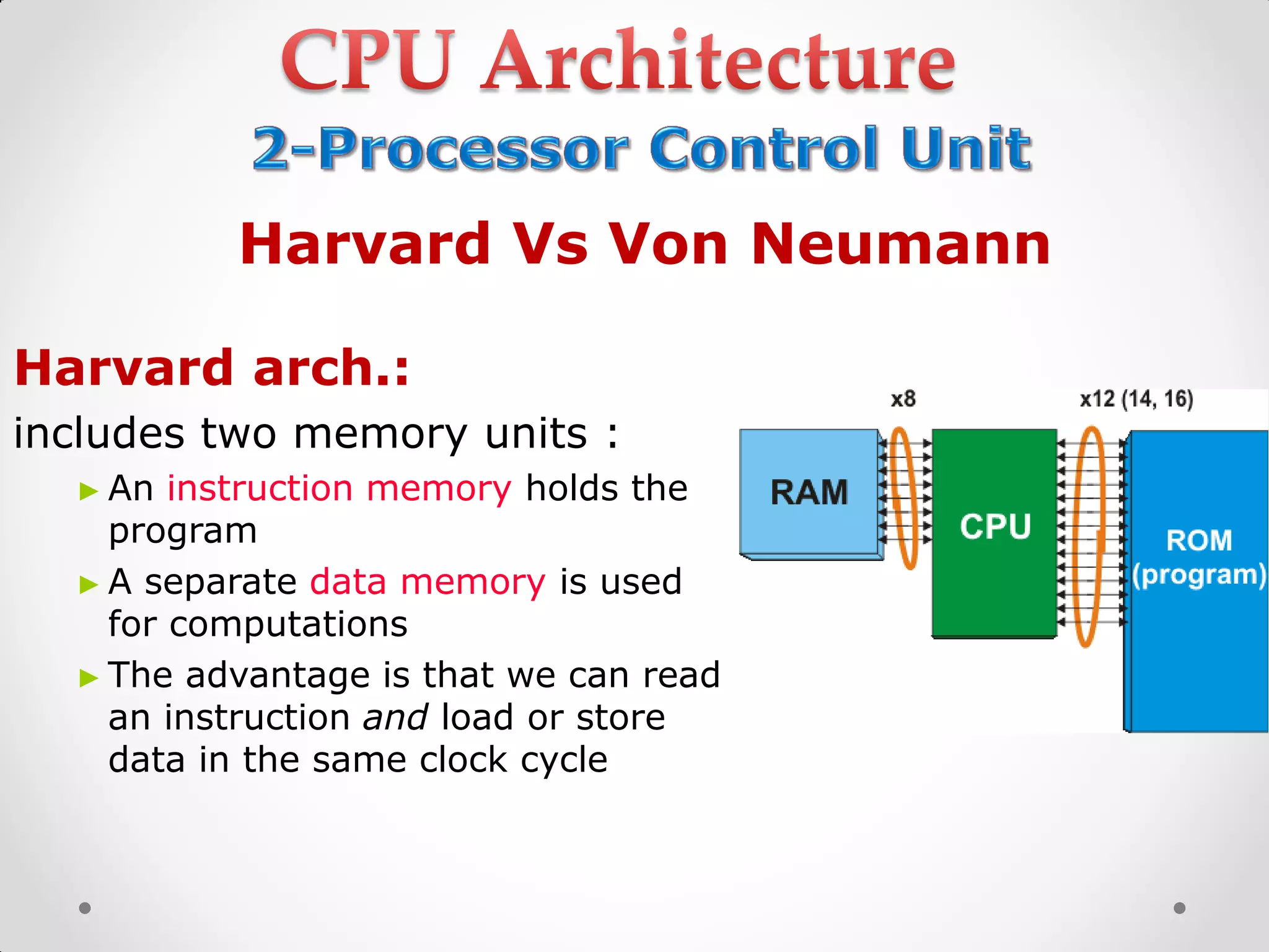 Harvard arch.:
includes two memory units :
► An instruction memory holds the
program
► A separate data memory is used
for computations
► The advantage is that we can read
an instruction and load or store
data in the same clock cycle
Harvard Vs Von Neumann
 
