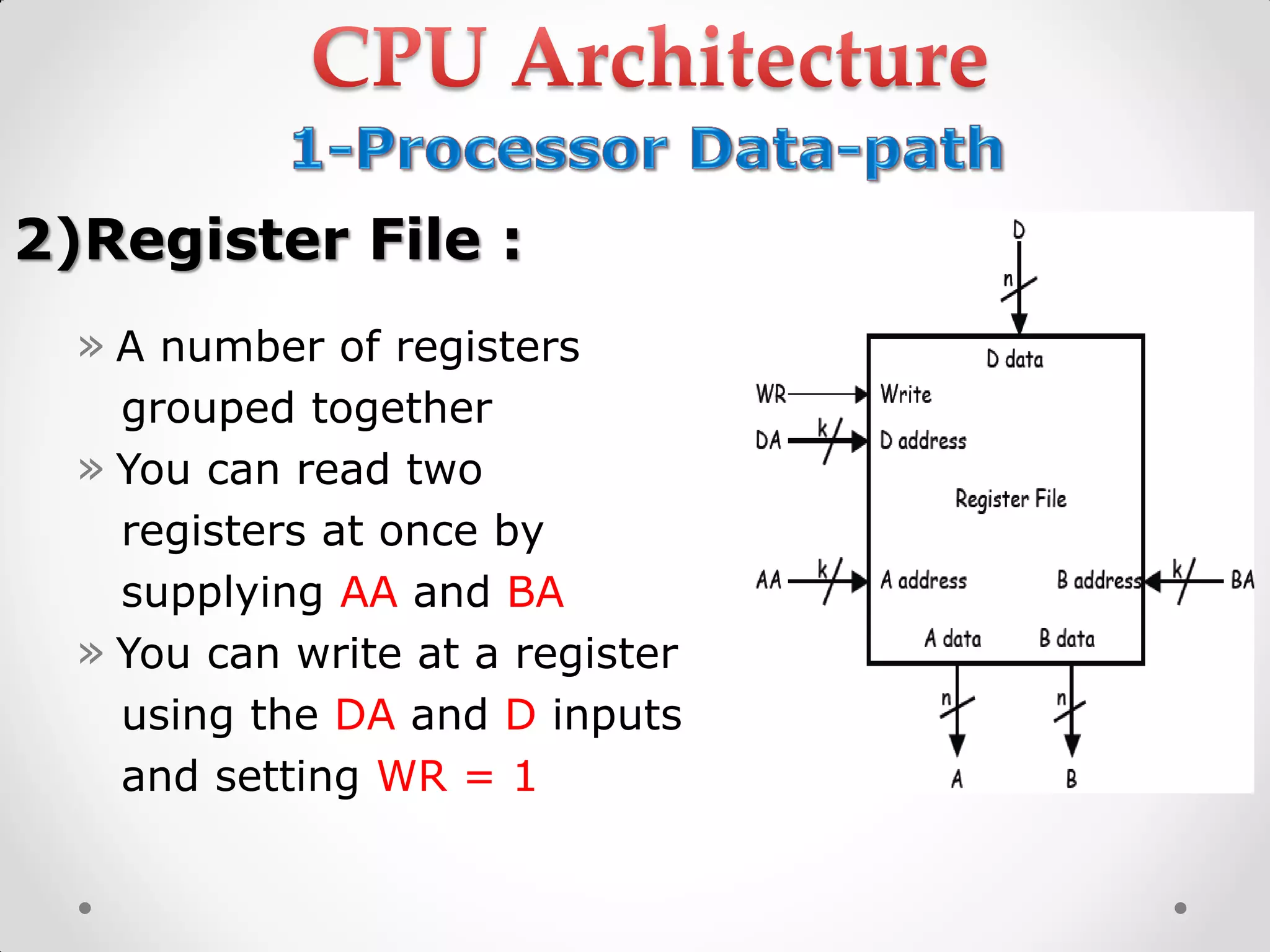 2)Register File :
» A number of registers
grouped together
» You can read two
registers at once by
supplying AA and BA
» You can write at a register
using the DA and D inputs
and setting WR = 1
 