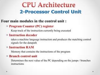 Four main modules in the control unit :
» Program Counter (PC) register
Keep track of the instruction currently being executed
» Instruction decoder
takes a machine language instruction and produces the matching control
signals for the datapath
» Instruction RAM
Memory that contains the instructions of the program
» Branch control unit
Determines the next value of the PC depending on the jumps / branches
instructions
 