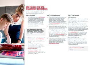 If your child decides university is the right path for
them, there’s still a lot of research to do, with over
35,000 undergraduate courses to choose from.
Step 1 – Get online
 Use the UCAS search tool at ucas.com/search
to find and shortlist undergraduate courses
at universities, colleges, and conservatoires
(collectively referred to as course providers).
Each search result lists a summary of the
course, how and when to apply, fees and
finances associated with the course, and
information on the entry requirements the
course provider is looking for.
Entry requirements are set by course
providers, as a guideline of the academic
ability students will need, and are usually
a mix of qualifications, subjects, and/or
exam grades.
 Point them to online step-by-step guidance to
choosing a course at ucas.com/choosing-a-
course, which covers choosing a subject, the
right type of degree, how to study, and where
to study.
 Take a look at university, college, or
conservatoire websites for in-depth details
about their facilities and courses, and explore
the campus with their virtual tour at
ucas.com/virtual-tours.
 Speak to current undergraduates on
ucas.com/chat-to-students for the chance
to ask questions and gain valuable insight into
what life at uni is really like.
Step 2 – Get out and about
 UCAS exhibitions are the perfect opportunity
to meet universities, colleges, other course
providers, and UCAS in person, get your
questions answered, and find out what’s
available. They’re free and take place all across
the UK, so there’s bound to be one near you –
go to ucas.com/exhibitions to find and book a
place at your local event!
 University and college open days give you the
chance to look around, meet staff and students,
and see if your child would be happy living
and studying there. They’re great for giving
you peace of mind that wherever they end up
studying, you know they will be in a familiar
place they’re comfortable with. Use the open
days search tool at ucas.com/opendays to find
out when the university they’re interested in is
holding its next open day.
 Taster courses are tailored to specific courses
or subjects, and often include lectures and
hands-on workshops to give your child a feel
for what it would be like to study that
particular course. You can find them at
ucas.com/taster-courses.
Step 3 – Get informed
Entry requirements
It’s really important your child understands the entry
requirements for courses they’re interested in, so
they can make fully informed choices about courses
that are right for them.
Some uni and college entry requirements will be
based on Tariff points. The UCAS Tariff is used by
universities and colleges to make broad comparisons
between qualifications used for entry to higher
education. Tariff points are allocated to a wide range
of qualifications, and can be added together (within
certain rules) to give an overall Tariff score.
Go to ucas.com/tariff to find out more and to use
the UCAS Tariff calculator – a handy tool to help
your child find out how many Tariff points their
qualifications and grades add up to.
Know the UCAS deadlines
Depending on which course and uni or college
they’ve chosen, your child will have a UCAS
application deadline which they’ll need to meet.
It’s important they check the date for their chosen
courses, so they leave themselves plenty of time to
complete their application.
Visit ucas.com/whentoapply to find
out more.
HOW YOU CAN HELP WITH
RESEARCHING THEIR OPTIONS
 