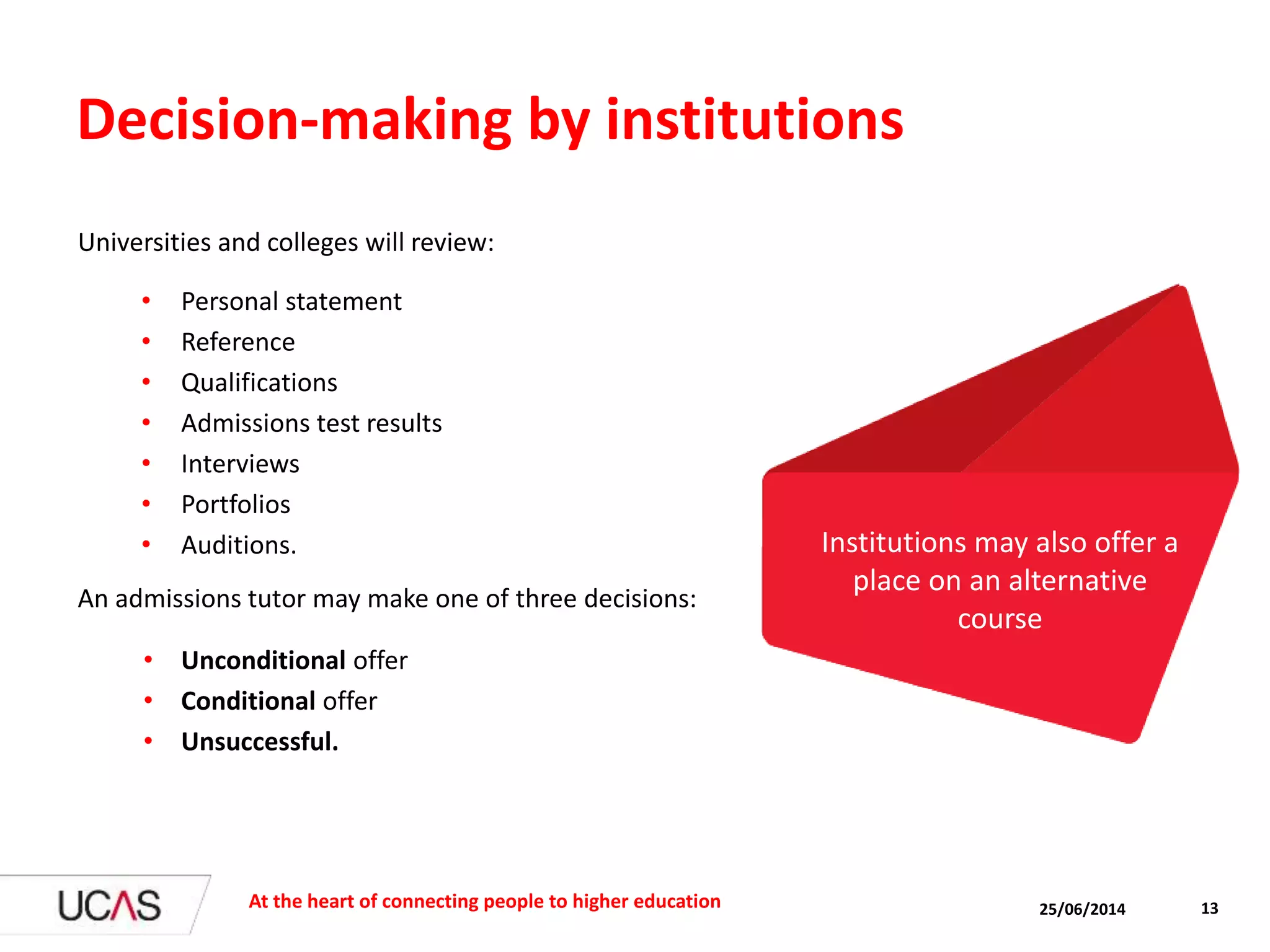 Institutions may also offer a
place on an alternative
course
25/06/2014At the heart of connecting people to higher education 13
Decision-making by institutions
Universities and colleges will review:
• Personal statement
• Reference
• Qualifications
• Admissions test results
• Interviews
• Portfolios
• Auditions.
An admissions tutor may make one of three decisions:
• Unconditional offer
• Conditional offer
• Unsuccessful.
 