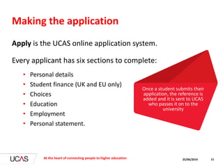 Making the application
Apply is the UCAS online application system.
Every applicant has six sections to complete:
• Personal details
• Student finance (UK and EU only)
• Choices
• Education
• Employment
• Personal statement.
25/06/2014At the heart of connecting people to higher education 11
Once a student submits their
application, the reference is
added and it is sent to UCAS
who passes it on to the
university
 