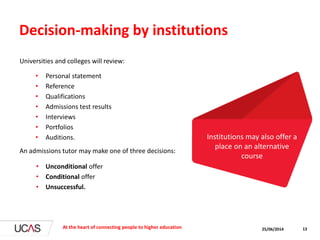 Institutions may also offer a
place on an alternative
course
25/06/2014At the heart of connecting people to higher education 13
Decision-making by institutions
Universities and colleges will review:
• Personal statement
• Reference
• Qualifications
• Admissions test results
• Interviews
• Portfolios
• Auditions.
An admissions tutor may make one of three decisions:
• Unconditional offer
• Conditional offer
• Unsuccessful.
 