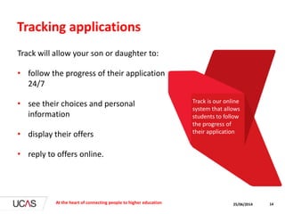 Tracking applications
Track will allow your son or daughter to:
• follow the progress of their application
24/7
• see their choices and personal
information
• display their offers
• reply to offers online.
25/06/2014At the heart of connecting people to higher education 14
Track is our online
system that allows
students to follow
the progress of
their application
 