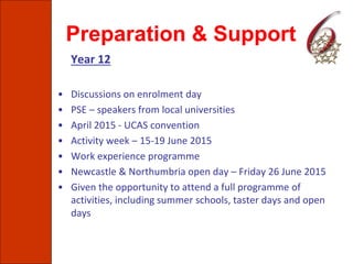 Preparation & Support
Year 12
• Discussions on enrolment day
• PSE – speakers from local universities
• April 2015 - UCAS convention
• Activity week – 15-19 June 2015
• Work experience programme
• Newcastle & Northumbria open day – Friday 26 June 2015
• Given the opportunity to attend a full programme of
activities, including summer schools, taster days and open
days
 
