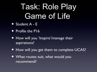 Task: Role Play
Game of Life
• Student A - E
• Profile the P16
• How will you ‘Inspire’/manage their
aspirations?
• How will you get them to complete UCAS?
• What routes suit, what would you
recommend?
 
