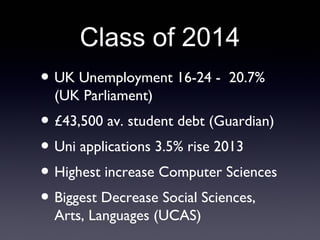 Class of 2014
• UK Unemployment 16-24 - 20.7%
(UK Parliament)
• £43,500 av. student debt (Guardian)
• Uni applications 3.5% rise 2013
• Highest increase Computer Sciences
• Biggest Decrease Social Sciences,
Arts, Languages (UCAS)
 