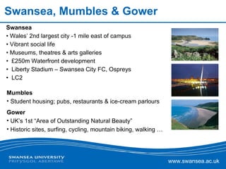 Swansea, Mumbles & Gower Swansea Wales’ 2nd largest city -1 mile east of campus Vibrant social life Museums, theatres & arts galleries £250m Waterfront   development  Liberty Stadium – Swansea City FC, Ospreys LC2 Mumbles Student housing; pubs, restaurants & ice-cream parlours Gower UK’s 1st “Area of Outstanding Natural Beauty” Historic sites, surfing, cycling, mountain biking, walking … 