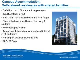 Campus Accommodation: Self-catered residences with shared facilities Cefn Bryn has 171 standard single rooms  Traditional hall layout  Each room has a wash basin and mini fridge Shared bathroom facilities – 1 for every 2 students Fully equipped kitchen Telephone & free wireless broadband internet in all bedrooms Parking for disabled students only £87 - £92 p.w.  