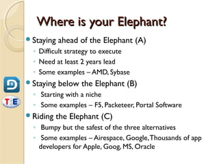 Where is your Elephant?
Staying   ahead of the Elephant (A)
  ◦ Difficult strategy to execute
  ◦ Need at least 2 years lead
  ◦ Some examples – AMD, Sybase
Staying   below the Elephant (B)
  ◦ Starting with a niche
  ◦ Some examples – F5, Packeteer, Portal Software
Riding   the Elephant (C)
  ◦ Bumpy but the safest of the three alternatives
  ◦ Some examples – Airespace, Google, Thousands of app
    developers for Apple, Goog, MS, Oracle
 