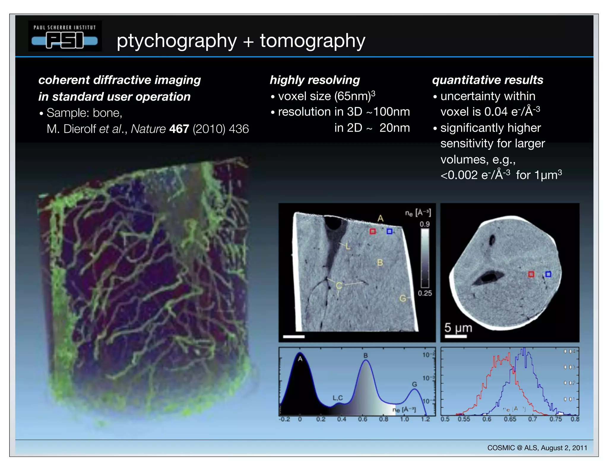 ptychography + tomography
coherent!diffractive!imaging                 highly!resolving            quantitative!results
in!standard!user!operation                   • voxel size (65nm)3        • uncertainty within
• Sample: bone,                              • resolution in 3D ~100nm     voxel is 0.04 e-/Å-3
  M.!Dierolf et al., Nature 467 (2010) 436     resolution in 2D ~120nm   • signiﬁcantly higher
                                                                           sensitivity for larger
                                                                           volumes, e.g.,
                                                                           <0.002 e-/Å-3 for 1µm3




                                                                                   COSMIC @ ALS, August 2, 2011
 