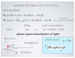 WIGNER DISTRIBUTION FUNCTION
ψ(r) waveﬁeld

Wψ (r, dr) = ψ(r + dr/2)ψ(r − dr/2)
                                                         phase space
Wψ (r, q) = [Fdr→q ] ψ(r + dr/2)ψ(r − dr/2)      quasi probability distribution

                    lifting            cyclic permutation
  note:              ψ ψ     rank 1   ψ(r + dr/2)ψ(r − dr/2)

               phase space description of light
light source                              phase space                2π
                                                               q=     λ θ
  r                 propagation
                                         q
ψ(r)
                                                           r
           θ      direction
 