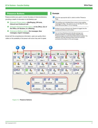 UC for Business - Executive Desktop                                                 White Paper




   Presence Buttons                                                       Example

Presence buttons are used to monitor the status of internal extensions,
providing a wealth of information to the Desktop user:

   •    Extension Phone status – Idle/Ringing, Off-hook,
        Inbound and Outbound call.

   •    Extension Presence Profile status – In the Office, Out of
        the Office, On Vacation, In a Meeting.

   •    Extensions Mailbox status – No messages, New
        messages, Urgent messages.

Armed with this comprehensive information, users can quickly inform
callers on the availability of the person with whom they wish to speak.




             Figure 7. Messages View




             Figure 13. Presence Buttons




NEC Australia © 2010                                                                         17
 