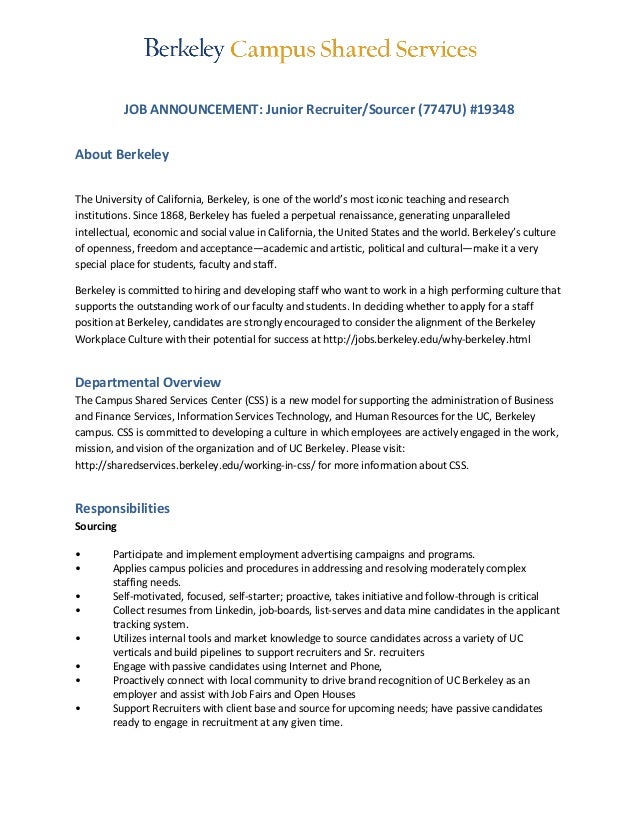 uc berkeley junior recruiter sourcer junior recruiter resume