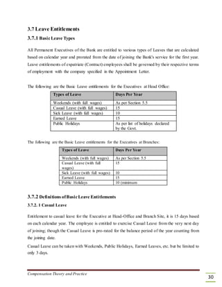 3.7 Leave Entitlements
3.7.1 BasicLeave Types
All Permanent Executives of the Bank are entitled to various types of Leaves that are calculated
based on calendar year and prorated from the date of joining the Bank's service for the first year.
Leave entitlements of expatriate (Contract) employees shall be governed by their respective terms
of employment with the company specified in the Appointment Letter.
The following are the Basic Leave entitlements for the Executives at Head Office:
Types of Leave Days Per Year
Weekends (with full wages) As per Section 5.5
Casual Leave (with full wages) 15
Sick Leave (with full wages) 10
Earned Leave 15
Public Holidays As per list of holidays declared
by the Govt.
The following are the Basic Leave entitlements for the Executives at Branches:
Types of Leave Days Per Year
Weekends (with full wages) As per Section 5.5
Casual Leave (with full 15
wages)
Sick Leave (with full wages) 10
Earned Leave 15
Public Holidays 10 (minimum
3.7.2 Definitions ofBasicLeave Entitlements
3.7.2. 1 Casual Leave
Entitlement to casual leave for the Executive at Head-Office and Branch Site, it is 15 days based
on each calendar year. The employee is entitled to exercise Casual Leave from the very next day
of joining; though the Casual Leave is pro-rated for the balance period of the year counting from
the joining date.
Casual Leave can be taken with Weekends, Public Holidays, Earned Leaves, etc. but be limited to
only 3 days.
Compensation Theory and Practice
30
 