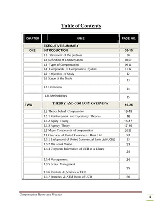 Table of Contents
CHAPTER NAME PAGE NO.
EXECUTIVE SUMMARY
ONE INTRODUCTION 08-15
1.1 Statement of the problem 08
1.2 Definition of Compensation 08-09
1.3 Types of Compensation 09-11
1.4 Components of Compensation System 11-12
1.5 Objectives of Study 12
1.6 Scope of the Study
13
1.7 Limitations
14
1.8. Methodology
15
TWO
THEORY AND COMPANY OVERVIEW
16-26
2.1 Theory behind Compensation 16-19
2.1.1 Reinforcement and Expectancy Theories 16
2.1.2 Equity Theory 16-17
2.1.3 Agency Theory 17-19
2.2 Major Components of compensation 20-23
2.3 Overview of United Commercial Bank Ltd. 23
2.3.1 Background of United Commercial Bank Ltd (UCBL) 23
2.3.2 Mission & Vision 23
2.3.3 Corporate Information of UCB at A Glance
24
2.3.4 Management 24
2.3.5 Senior Management
25
2.3.6 Products & Services of UCB
2.3.7 Branches & ATM Booth of UCB 26
Compensation Theory and Practice
4
 