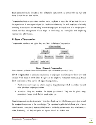 Total remuneration also includes a host of benefits that protect and expand the life style and
health of workers and their families.
Compensation is the remuneration received by an employee in return for his/her contribution to
the organization. It is an organized practice that involves balancing the work-employee relation by
providing monetary and non-monetary benefits to employees. Compensation is an integral part of
human resource management which helps in motivating the employees and improving
organizational effectiveness.
1.3 Types of Compensation
Compensation can be of two types. They are Direct or Indirect Compensation
Figure 1 Types of Compensation
Source: Dynamics of Human Resources Management in Nepal,Govind Ram Agrawal (Pg – 356)
Direct compensation is remuneration provided to employees in exchange for their labor and
services. What makes it direct is that it is given to the employee without an intermediary. Under
direct compensation there are two sub types of compensation.
 Pay: It consists of wages and salaries received for performing work. It can be base pay and
merit pay based on job performance. 

 Incentives: They are provided for higher performance. They can be piece wage,
commission, bonus, profit sharing, stock option etc. 
Direct compensation refers to monetary benefits offered and provided to employees in return of
the services they provide to the organization. The monetary benefits include basic salary, house
rent allowance, conveyance, leave travel allowance, medical reimbursements, special allowances,
bonus, Pf/Gratuity, etc. They are given at a regular interval at a definite time.
Compensation Theory and Practice
9
 