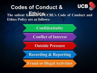 Codes of Conduct &
Ethics
The salient features of UCBL’s Code of Conduct and
Ethics Policy are as follows-
Confidentiality
Conflict of Interest
Outside Pressure
Recording & Reporting
Fraud or illegal Activities
 
