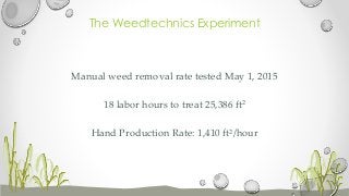 The Weedtechnics Experiment
Manual weed removal rate tested May 1, 2015
18 labor hours to treat 25,386 ft2
Hand Production...