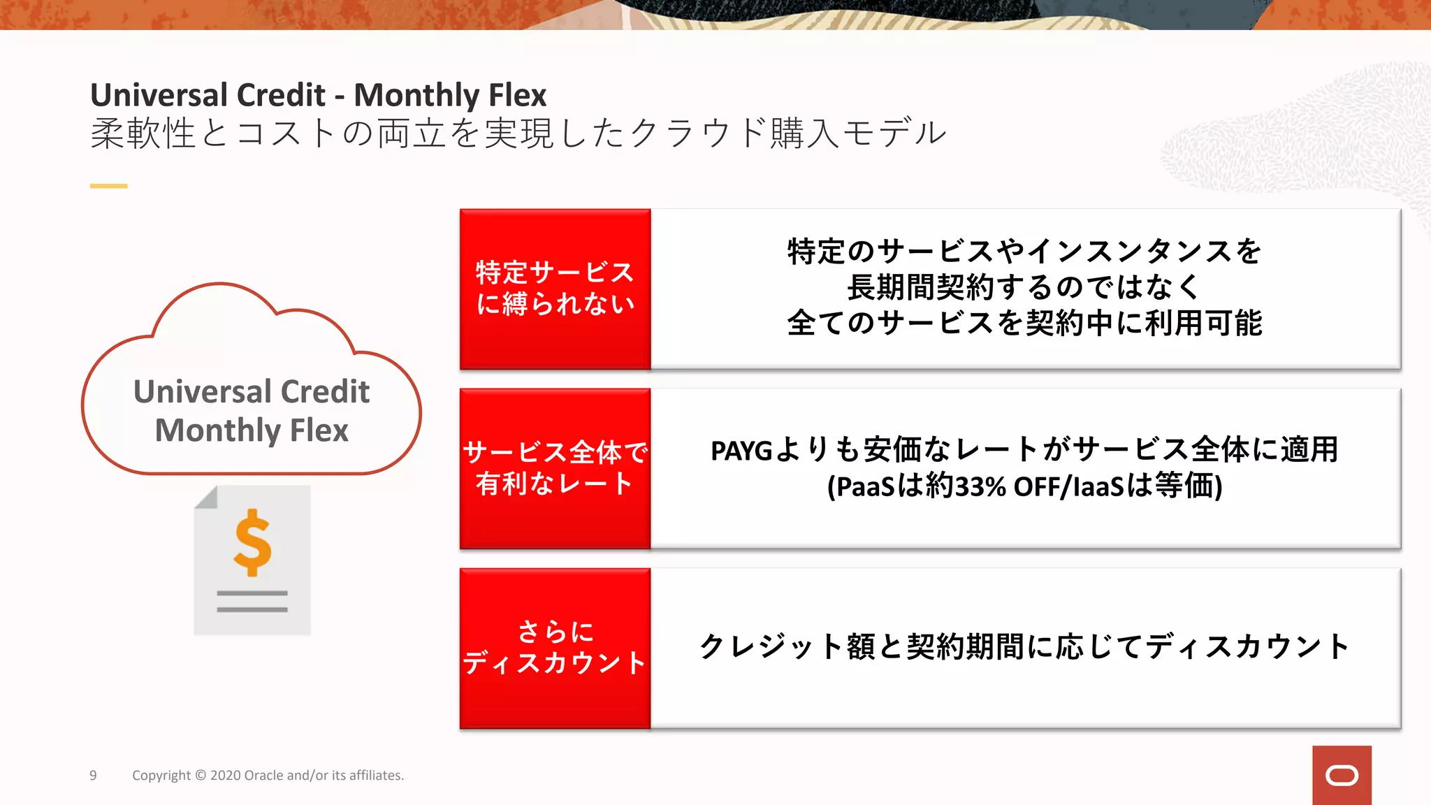 9 Copyright © 2020 Oracle and/or its affiliates.
Universal Credit - Monthly Flex
柔軟性とコストの両⽴を実現したクラウド購⼊モデル
特定のサービスやインスンタンスを
⻑期間契約するのではなく
全てのサービスを契約中に利⽤可能
特定サービス
に縛られない
PAYGよりも安価なレートがサービス全体に適⽤
(PaaSは約33% OFF/IaaSは等価)
サービス全体で
有利なレート
クレジット額と契約期間に応じてディスカウント
さらに
ディスカウント
Universal Credit
Monthly Flex
 