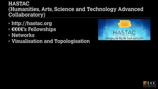 HASTAC 
(Humanities, Arts, Science and Technology Advanced
Collaboratory)
‣
‣
‣
‣

http://hastac.org
€€€€’s Fellowships
Networks
Visualisation and Topologisation

 