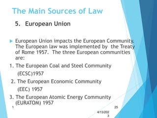 The Main Sources of Law
5. European Union
 European Union impacts the European Community.
The European law was implemented by the Treaty
of Rome 1957. The three European communities
are:
1. The European Coal and Steel Community
(ECSC)1957
2. The European Economic Community
(EEC) 1957
3. The European Atomic Energy Community
(EURATOM) 1957
4/13/202
3
1 25
 