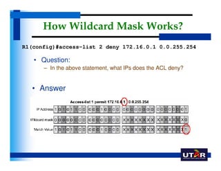How Wildcard Mask Works?
R1(config)#access-list 2 deny 172.16.0.1 0.0.255.254

   • Question:
      – In the above stateme...