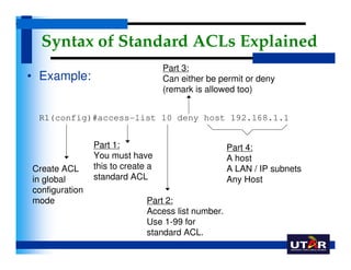 Syntax of Standard ACLs Explained
                                   Part 3:
• Example:                         Can either...