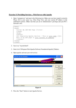 Exercise 5: Providing Services – Web Server with Apache
  1. Open “notepad.exe” and type in the following text. Make sure you have typed it correctly.
     Please fill in your name (e.g. Choo Peng Yin), and your current IP address in the
     underlined sections. (Make sure that you are in Administrator’s privilege and your PC’s
     firewall is off)

      <html>
      <head>
         <title> My LAN Web Page </title>
         </head>
         <body>
         <center>
         <h1> Beginning Apache Service – This is your name </h1>
         This is my web page in your current IP address
         </center>
      </body>
      </html>

  2. Save it as “myweb.html”.

  3. Store it in C:Program FilesApache Software FoundationApache2.2htdocs

  4. Open apache and start your web service.




                                          Figure 8

  5. Press the “Start” button to start Apache Service.
 