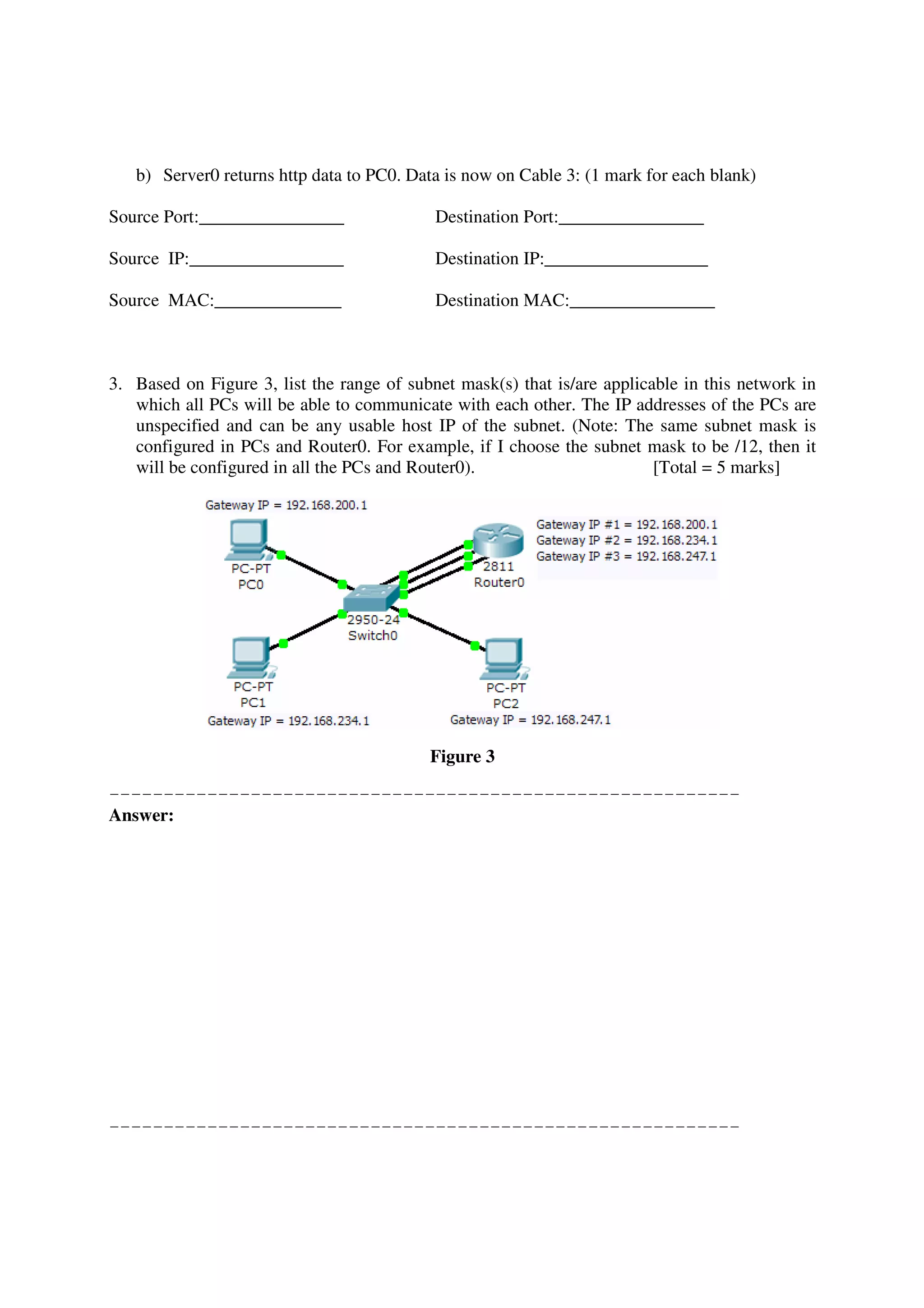 b) Server0 returns http data to PC0. Data is now on Cable 3: (1 mark for each blank)

Source Port:________________                Destination Port:________________

Source IP:_________________                 Destination IP:__________________

Source MAC:______________                   Destination MAC:________________



3. Based on Figure 3, list the range of subnet mask(s) that is/are applicable in this network in
   which all PCs will be able to communicate with each other. The IP addresses of the PCs are
   unspecified and can be any usable host IP of the subnet. (Note: The same subnet mask is
   configured in PCs and Router0. For example, if I choose the subnet mask to be /12, then it
   will be configured in all the PCs and Router0).                        [Total = 5 marks]




                                           Figure 3

----------------------------------------------------------
Answer:




----------------------------------------------------------
 