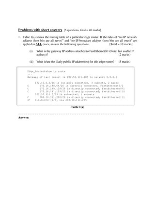 Problems with short answers [6 questions, total = 40 marks]
1. Table 1(a) shows the routing table of a particular edge router. If the rules of “no IP network
   address (host bits are all zeros)” and “no IP broadcast address (host bits are all ones)” are
   applied in ALL cases, answer the following questions:                    [Total = 10 marks]

           (i)     What is the gateway IP address attached to FastEthernet0/1 (Note: last usable IP
                   address)?                                                          (2 marks)

           (ii)    What is/are the likely public IP address(es) for this edge router?   (5 marks)


       Edge_Router#show ip route
       ...
       Gateway of last resort is 202.50.111.205 to network 0.0.0.0

                  172.16.0.0/16 is variably subnetted, 3 subnets, 2 masks
       C             172.16.180.64/26 is directly connected, FastEthernet0/0
       C             172.16.180.128/26 is directly connected, FastEthernet0/1
       C             172.16.181.128/25 is directly connected, FastEthernet1/0
                  202.50.111.0/29 is subnetted, 1 subnets
       C             202.50.111.200/29 is directly connected, FastEthernet1/1
       S*         0.0.0.0/0 [1/0] via 202.50.111.205

                                                Table 1(a)

----------------------------------------------------------
Answer:
 