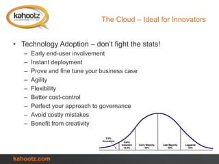 kahootz.com
The Cloud – Ideal for Innovators
• Technology Adoption – don’t fight the stats!
– Early end-user involvement
– Instant deployment
– Prove and fine tune your business case
– Agility
– Flexibility
– Better cost-control
– Perfect your approach to governance
– Avoid costly mistakes
– Benefit from creativity
 