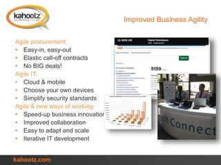 kahootz.com
Improved Business Agility
Agile procurement:
• Easy-in, easy-out
• Elastic call-off contracts
• No BIG deals!
Agile IT:
• Cloud & mobile
• Choose your own devices
• Simplify security standards
Agile & new ways of working:
• Speed-up business innovation
• Improved collaboration
• Easy to adapt and scale
• Iterative IT development
 