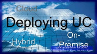 Cloud
OnPremise

Hybrid

UC Considerations for Cloud

Presented at Conferences & Expos Todd Landry  Chicago
NEC Confidential

 