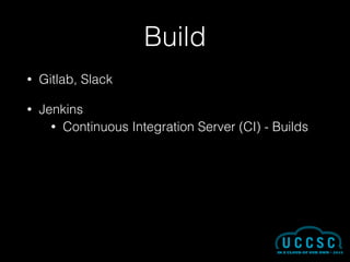 Build
• Gitlab, Slack
• Jenkins
• Continuous Integration Server (CI) - Builds
 