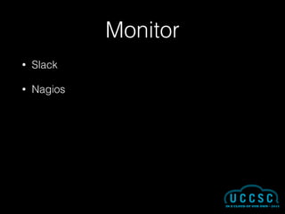 Monitor
• Slack
• Nagios
 