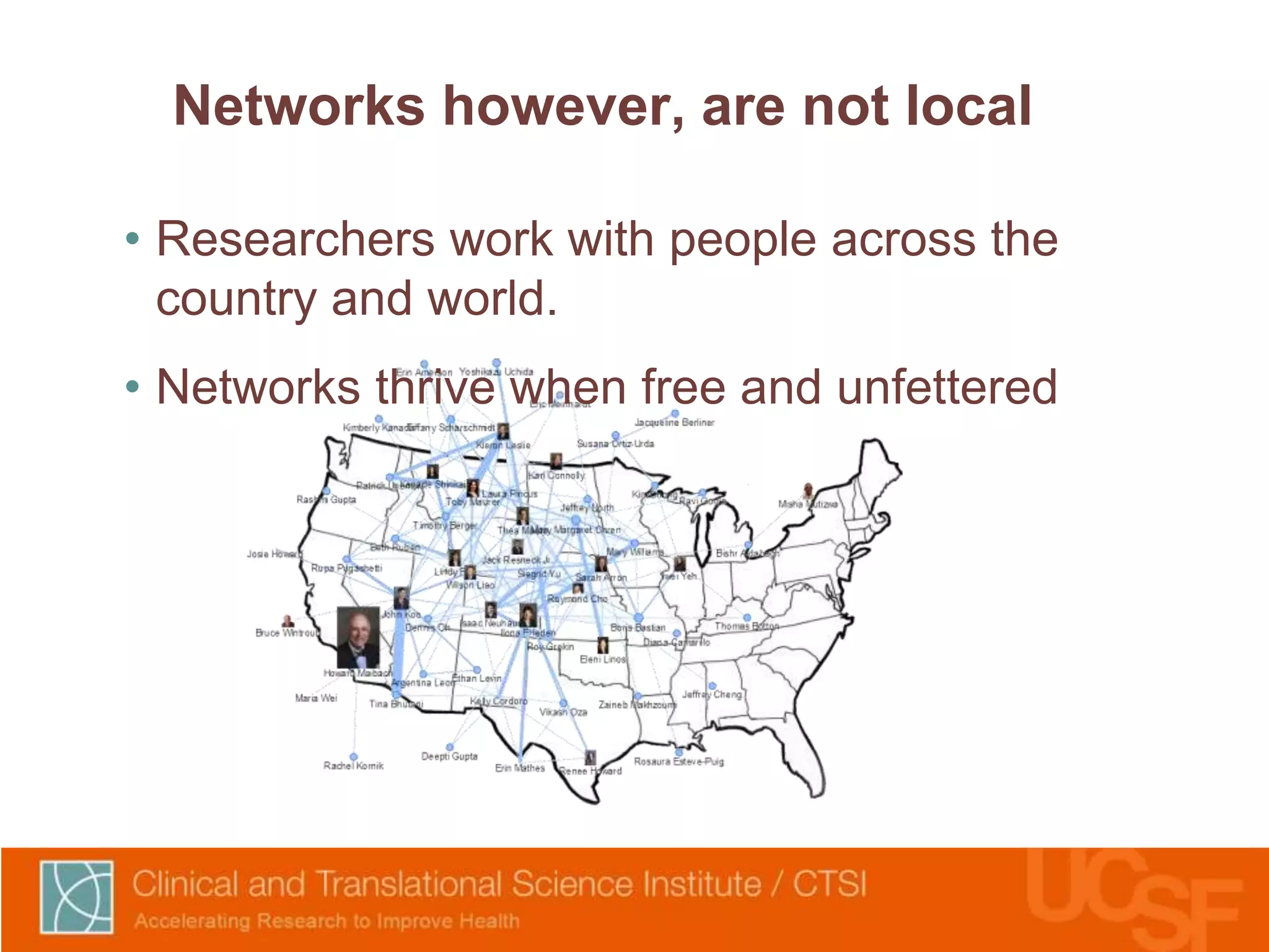Networks however, are not local 
• Researchers work with people across the 
country and world. 
• Networks thrive when free and unfettered 
 