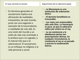 En que consiste lo secular Argumentos de la soberanía papal En términos generales el secularismo implica una afirmación de realidades inmanentes, de este mundo, junto con una negación o exclusión de lo trascendente, o realidades de más allá. Es una visión del mundo y un estilo de vida más orientado a lo profano que a lo sagrado, a lo natural más que a lo sobrenatural. El secularismo es un enfoque no religioso a la vida personal y social. - La Monarquía es una institución de ordenación divina.  - El derecho hereditario es irrevocable.  - Los reyes son responsables sólo ante Dios. La monarquía es pura, ya que la soberanía radica por entero en el rey,  - La no-resistencia y la obediencia pasiva son prescripciones divinas. En cualquier circunstancia, la resistencia al rey es un pecado y acarrea la condenación eterna.  