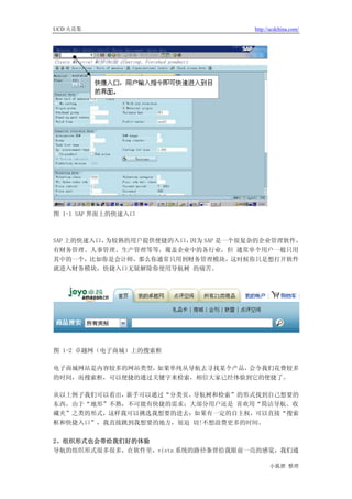 UCD 火花集                              http://ucdchina.com/




图 1-1 SAP 界面上的快速入口



SAP 上的快速入口，为较熟的用户提供便捷的入口，因为 SAP 是一个很复杂的企业管理软件，
有财务管理、人事管理、生产管理等等，覆盖企业中的各行业，但 通常单个用户一般只用
其中的一个，比如你是会计师，那么你通常只用到财务管理模块，这时候你只是想打开软件
就进入财务模块，快捷入口无疑解除你使用导航树 的痛苦。




图 1-2 卓越网（电子商城）上的搜索框

电子商城网站是内容较多的网站类型，如果单纯从导航去寻找某个产品，会令我们花费较多
的时间，而搜索框，可以便捷的通过关键字来检索，相信大家已经体验到它的便捷了。

从以上例子我们可以看出，新手可以通过“分类页、导航树和检索”的形式找到自己想要的
东西，由于“地形”不熟，不可能有快捷的需求；大部分用户还是 喜欢用“简洁导航、收
藏夹”之类的形式，这样我可以挑选我想要的进去；如果有一定的自主权，可以直接“搜索
框和快捷入口”，我直接跳到我想要的地方，很迫 切!不想浪费更多的时间。

2、组织形式也会带给我们好的体验
导航的组织形式很多很多，在软件里，vista 系统的路径条曾给我眼前一亮的感觉，我们通

                                           小狐狸 整理
 