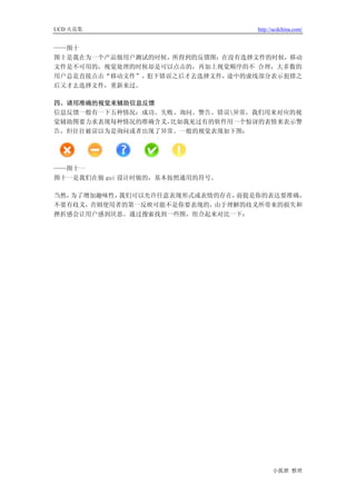 UCD 火花集                          http://ucdchina.com/


——图十
图十是我在为一个产品做用户测试的时候，所得到的反馈图：在没有选择文件的时候，移动
文件是不可用的，视觉处理的时候却是可以点击的，再加上视觉顺序的不 合理，大多数的
用户总是直接点击“移动文件”，犯下错误之后才去选择文件，途中的虚线部分表示犯错之
后又才去选择文件，重新来过。

四、请用准确的视觉来辅助信息反馈
信息反馈一般有一下五种情况：成功、失败、询问、警告、错误异常，我们用来对应的视
觉辅助图要力求表现每种情况的准确含义，比如我见过有的软件用一个惊讶的表情来表示警
告，但往往被误以为是询问或者出现了异常。一般的视觉表现如下图：




——图十一
图十一是我们在做 gui 设计时做的，基本按照通用的符号。

当然，为了增加趣味性，我们可以允许任意表现形式或表情的存在，前提是你的表达要准确，
不要有歧义，否则使用者的第一反映可能不是你要表现的，由于理解的歧义所带来的损失和
挫折感会让用户感到厌恶。通过搜索找到一些图，组合起来对比一下：




                                       小狐狸 整理
 