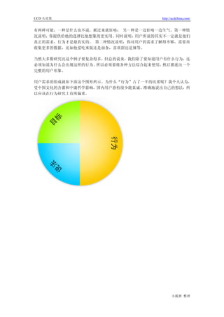 UCD 火花集                         http://ucdchina.com/


有两种可能，一种是什么也不说，抓过来就狂啃； 另一种是一边狂啃一边生气。第一种情
况说明，你提供给他的选择比他想象的更实用。同时说明：用户所说的其实不一定就是他们
真正的需求，行为才是最真实的。 第二种情况说明，你对用户的需求了解得不够，需要再
收集更多的数据，比如他爱吃米饭还是面食，喜欢甜还是辣等。

当然大多数研究比这个例子要复杂得多，但总的说来，我们除了要知道用户有什么行为，还
必须知道为什么会出现这样的行为。所以必须要将各种方法综合起来使用，然后描述出一个
完整的用户形象。

用户需求的组成就如下面这个图形所示。为什么“行为”占了一半的比重呢？我个人认为，
受中国文化的含蓄和中庸哲学影响，国内用户恐怕很少能真诚、准确地说出自己的想法，所
以应该在行为研究上有所偏重。




                                      小狐狸 整理
 