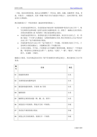 UCD 火花集                                   http://ucdchina.com/


一开始，需求分析的时候，我先定义和解释了一些名词：调查、问题、问题类型（单选、多
选、开放式）、问题选项、关闭（即撤下统计并从当前进行中除去）。这对后期开发、使用
是有巨大帮助的。

然后我便设计了一些基本情景（涵盖典型使用情况）：

     •    小杰登录进管理后台，尝试着添加少斌安排下来的新调查“你为什么而工作？”，填
          写完调查信息和问题（边填写边设计问题和选项）后，浏览了一遍确认无误后保存，
          并将该项调查的 JS 代码拷贝（然后添加到特定页面）；
     •    少斌登录进管理后台，看看现在进行中的有哪些调查，各有多少人参与了，有一些
          放了超过一个月参与人数超过一定数量的就把它关闭，  然后再看看自己关心“你为什
          么而工作？”这个调查的统计情况；
     •    少斌发现“你为什么而工作？”这个调查少了一个问题，幸好调查才进行了半天，于
          是吩咐小杰把问题加上，并提醒加在第三个问题后面；
     •    小杰有点郁闷，不早说…于是便进入后台编辑了调查的问题，新添加了一个单选问
          题：“你觉得自己的薪水怎么样？”，选项是：“过低”、“一般”、“挺高”、“相当高”
          四个，并调整一下顺序。

根据以上情景，可以归纳总结出任务（每个任务都有针对特定角色）。然后我列出了以下任
务表：


编
                       任务                角色
号


01       创建新的调查                         小杰


02       为调查添加问题和选项                     小杰


03       通览新创建的调查，并获得 JS 代码             小杰


04       编辑调查                           小杰


05       编辑特定调查的问题（增、删、改、排序）            小杰


06       浏览进行中的调查，筛选并关闭一些调查，            少斌


07       查看某个调查的统计情况                    少斌


08       浏览已经关闭的调查，重新打开一个调查             少斌




                                                小狐狸 整理
 