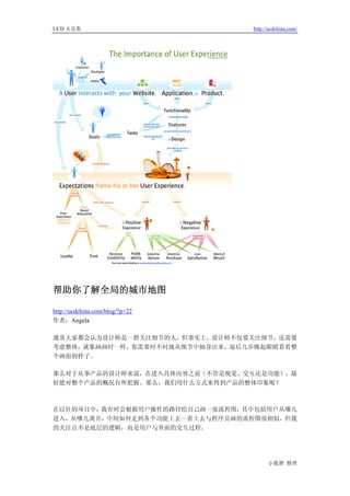 UCD 火花集                          http://ucdchina.com/




帮助你了解全局的城市地图 

http://ucdchina.com/blog/?p=22
作者：Angela

通常大家都会认为设计师是一群关注细节的人，但事实上，设计师不仅要关注细节，还需要
考虑整体，就象画画时一样，你需要时不时地从细节中抽身出来，退后几步眯起眼睛看看整
个画面的样子。

那么对于从事产品的设计师来说，在进入具体内容之前（不管是视觉、交互还是功能），最
好能对整个产品的概况有所把握。那么，我们用什么方式来得到产品的整体印象呢？



在以往的项目中，我有时会根据用户操作的路径给自己画一张流程图， 其中包括用户从哪儿
进入，从哪儿离开，中间如何走到各个功能上去⋯⋯看上去与程序员画的流程图很相似，但我
的关注点不是底层的逻辑，而是用户与界面的交互过程。




                                       小狐狸 整理
 