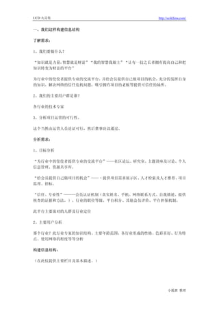 UCD 火花集                         http://ucdchina.com/


一、我们这样构建信息结构

了解需求：

1、我们要做什么？

“知识就是力量，智慧就是财富”“我的智慧我做主”“让有一技之长者拥有提高自己和把
知识转变为财富的平台”

为行业中的佼佼者提供专业的交流平台，并给会员提供自己做项目的机会，充分的发挥自身
的知识。解决网络的信任危机问题，吸引拥有项目的老板等提供可信任的场所。

2、我们的主要用户群是谁？

各行业的技术专家

3、分析项目运营的可行性。

这个当然由运营人员论证可行，然后董事决议通过。

分析需求：

1、目标分析

“为行业中的佼佼者提供专业的交流平台”——社区论坛、研究室、主题讲座及讨论、个人
信息管理、资源共享库。

“给会员提供自己做项目的机会”——–提供项目需求展示区、人才检索及人才推荐、项目
监理、招标。

“信任、专业性”———会员认证机制（真实姓名、手机、网络联系方式、自我描述、提供
核查的证据和方法。）、行业的职位等级、平台积分、其他会员评价、平台担保机制。

此平台主要面对的人群及行业定位

2、主要用户分析

那个行业？此行业专家的知识结构、主要年龄范围、各行业形成的性格、色彩喜好、行为特
点、使用网络的程度等等分析

构建信息结构：

（在此仅提供主要栏目及基本描述。）




                                      小狐狸 整理
 