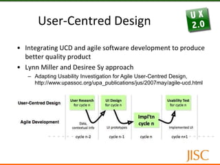 User-Centred Design (UCD)A design process in which “the real users and their goals, not just technology, is the driving force of product development” (Rogers, Sharp, Preece)Characteristics:User research conducted early, throughout the product cycleEmpirical measurementIterative designUser research and empirical measurement: personas, usability testing, prototype testing, contextual inquiry, survey, interviews, focus groups