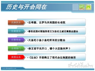 历史与开会同在氏族民主古希腊、古罗马共和国的长老院称霸盟会春秋战国时期强势君王为扬名立威召集歃血盟会巴黎和会大鱼吃小鱼小鱼吃虾米的分赃会总理衙门亲王若不先开口，哪个大臣敢作声？英国议会《议会》手册确立了现代会议制度的雏形彩蛋时间看个视频